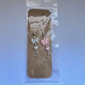NEW!!! Simple Bow & Heart Cell Phone and Tech Charm  2 pack Pink and White